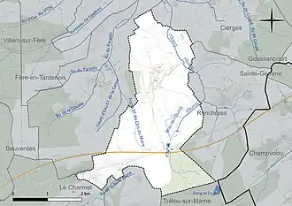 Carte en couleur présentant le réseau hydrographique de la commune