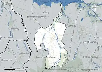 Carte en couleur présentant le réseau hydrographique de la commune