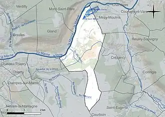 Carte en couleur présentant le réseau hydrographique de la commune