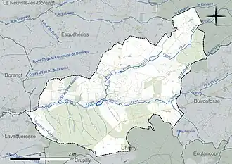 Carte en couleur présentant le réseau hydrographique de la commune