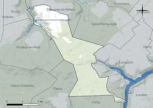 Carte en couleur présentant le réseau hydrographique de la commune