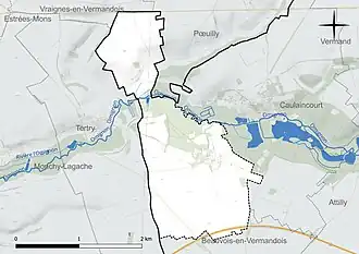 Carte en couleur présentant le réseau hydrographique de la commune