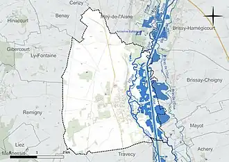 Carte en couleur présentant le réseau hydrographique de la commune