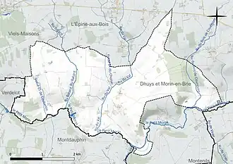 Carte en couleur présentant le réseau hydrographique de la commune