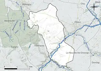 Carte en couleur présentant le réseau hydrographique de la commune