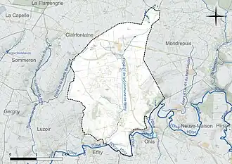 Carte en couleur présentant le réseau hydrographique de la commune