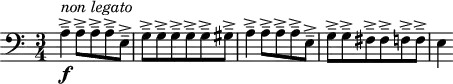 \version "2.18.2"
\header {
tagline = ##f
}
\score {
\new Staff \with {
}
<<
\relative c' {
\clef bass
\key a \minor
\time 3/4
\override TupletBracket #'bracket-visibility = ##f
%%% Prélude thème 1
a4-- ->\f^\markup{ \italic "non legato"} a8-- -> a-- -> a-- -> e-- -> g-- -> g-- -> g-- -> g-- -> g-- -> gis-- -> a4-- -> a8-- -> a-- -> a-- -> e-- -> g-- -> g-- -> fis-- -> fis-- -> f-- -> f-- -> e4
}
>>
\layout {
\context { \Score
\override SpacingSpanner.common-shortest-duration = #(ly:make-moment 1/3)
\remove "Metronome_mark_engraver" }
}
\midi { \tempo 4 = 120 }
}