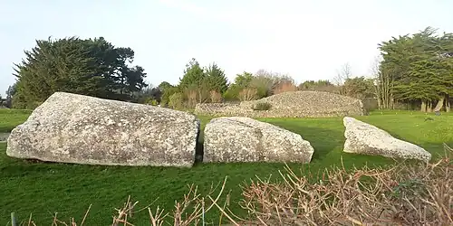 Trois des fragments du Grand menhir brisé et, à l'arrière-plan, le cairn d'Er Grah.