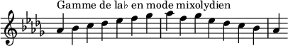  {
\override Score.TimeSignature #'stencil = ##f
\relative c'' {
  \key aes \mixolydian
  \clef treble \time 7/4
  aes4^\markup { Gamme de la♭ en mode mixolydien } bes c des es f ges aes f ges es des c bes aes
} }
