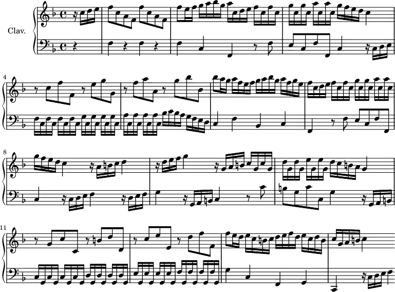 \version "2.18.2"
\header {
tagline = ##f
}
%% les petites notes
trillBesp = { \tag #'print { bes4.\prall } \tag #'midi { c32 bes c bes~ bes4 } }
upper = \relative c'' {
\clef treble
\key f \major
\time 4/4
\tempo 4 = 90
\set Staff.midiInstrument = #"harpsichord"
\override TupletBracket.bracket-visibility = ##f
\partial 4
%s8*0^\markup{Allegro}
r16 c16 d e | \repeat unfold 2 { f8 c a f } | f'8 e16 f g a bes g a c, d e \repeat unfold 2 { f c }
% ms. 3
\repeat unfold 2 { g' c, } \repeat unfold 2 { a' c, } g'16 f e d c4 | r8 c f f, r8 e' g g, r8 f' a a, r8 g' bes bes,
% ms. 6
bes'8 a16 g a f e f g a bes g a f g e | f c d e \repeat unfold 2 { f16 c } \repeat unfold 2 { g' c, } \repeat unfold 2 { a' c, } | g'16 f e d c4 r16 a b c d4
% ms. 9
r16 d16 e f g4 r16 g,16 a b \repeat unfold 2 { c16 g } | \repeat unfold 2 { d' g, } \repeat unfold 2 { e' g, } d'16 c b a g4 | r8 g8 c c, r8 b'8 d d, |
% ms. 12
r8 c'8 e e, r8 d'8 f f, | f'8 e16 d e c b c d e f d e c d b | c g a b c4 s4
}
lower = \relative c' {
\clef bass
\key f \major
\time 4/4
\set Staff.midiInstrument = #"harpsichord"
\override TupletBracket.bracket-visibility = ##f
% ************************************** \appoggiatura \repeat unfold 2 { } \times 2/3 { }
\repeat unfold 3 { r4 f, } c4 f, r8 f'8 |
% ms. 3
e8 c f f, c'4 r16 c16 d e | \repeat unfold 4 { f16 c } \repeat unfold 4 { g'16 c, } | \repeat unfold 4 { a'16 c, } bes'16 c bes a g f e d |
% ms. 6
c4 f bes, c | f, r8 f'8 e c f f, | c'4 r16 c16 d e f4 r16 d16 e f |
% ms. 9
g4 r16 g,16 a b c4 r8 c'8 | b g c c, g'4 r16 g,16 a b | \repeat unfold 4 { c16 g } \repeat unfold 4 { d'16 g, } |
% ms. 12
\repeat unfold 4 { e'16 g, } \repeat unfold 4 { f'16 g, } | g'4 c, f, g | c, r16 c'16 d e f4
}
thePianoStaff = \new PianoStaff <<
\set PianoStaff.instrumentName = #"Clav."
\new Staff = "upper" \upper
\new Staff = "lower" \lower
>>
\score {
\keepWithTag #'print \thePianoStaff
\layout {
#(layout-set-staff-size 17)
\context {
\Score
\override SpacingSpanner.common-shortest-duration = #(ly:make-moment 1/2)
\remove "Metronome_mark_engraver"
}
}
}
\score {
\keepWithTag #'midi \thePianoStaff
\midi { }
}