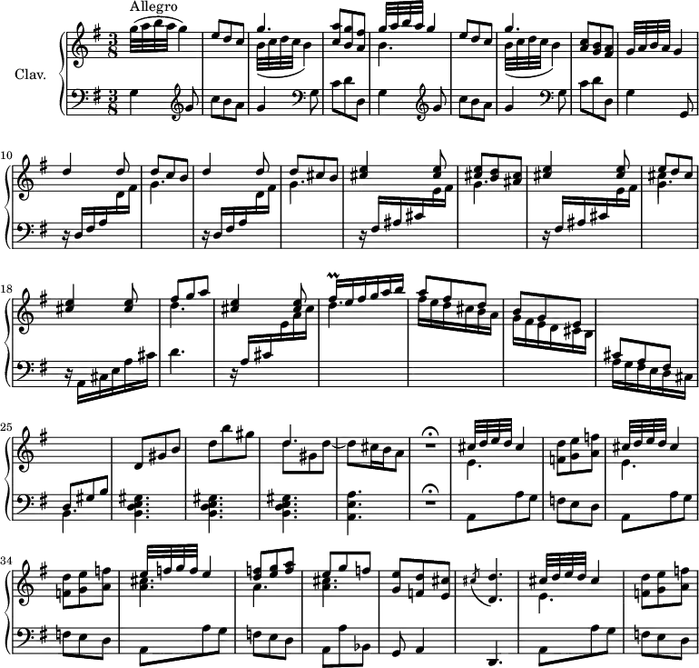 
\version "2.18.2"
\header {
  tagline = ##f
  % composer = "Domenico Scarlatti"
  % opus = "K. 338"
  % meter = "Allegro"
}

%% les petites notes
trillFisqq      = { \tag #'print { fis16\prall } \tag #'midi { \times 2/3 { fis32 g fis} } }

upper = \relative c'' {
  \clef treble 
  \key g \major
  \time 3/8
  \tempo 4. = 62
  \set Staff.midiInstrument = #"harpsichord"
  \override TupletBracket.bracket-visibility = ##f

      s8*0^\markup{Allegro}
      g'32( a b a g4) \stemUp | e8 d c | << { g'4. } \\ { b,32( c d c b4) } >> | < c a' >8 < b g' > < a fis' > | << { g'32 a b a g4 } \\ { b,4. } >>
      % ms. 6
      e8 d c | << { g'4. } \\ { b,32( c d c b4) } >> | < a c >8 < g b > < fis a > | g32 a b a g4 | d'4 d8 | d c b |
      % ms. 12
      d4 d8 | d cis b | < cis e >4 q8 | < cis e >8 < b d > < ais cis > | < cis e >4 q8 | << { e8 d cis } \\ { cis4 } >>
      % ms. 18
      < cis e >4 q8 | << { fis8 g a } \\ { d,4. } >> \stemUp | < cis e >4 q8 | \trillFisqq e16 fis g a b | a8 fis d | b g e | \stemUp  \change Staff = "lower"
      % ms. 24
      cis a fis | d gis b | \stemNeutral   \change Staff = "upper" d gis b | d b' gis | << { \mergeDifferentlyDottedOn d4. } \\ { d8 gis, d'~ | d   \tempo 4. = 42 cis16 b   \tempo 4. = 30 a8 } >>   \tempo 4. = 62 | R4.\fermata | 
      % ms. 31
      \repeat unfold 2 { << { cis32 d e d cis4 } \\ { e,4. } >> | < f d' >8 < g e' > < a f' > } | << { e'32 f g f e4 | < d f >8 < e g > < a f > | e g f } \\ { < a, cis >4. | a < a cis > } >> | 
      % ms. 38
      < g e' >8 < f d' > < e cis' > | \acciaccatura cis'8 < d, d' >4. | << { cis'32 d e d cis4 } \\ { e,4. } >> | < f d' >8 < g e' > < a f' >

}

lower = \relative c' {
  \clef bass
  \key g \major
  \time 3/8
  \set Staff.midiInstrument = #"harpsichord"
  \override TupletBracket.bracket-visibility = ##f

    % ************************************** \appoggiatura a16  \repeat unfold 2 {  } \times 2/3 { }   \omit TupletNumber 
      g4    \repeat unfold 2 { \clef treble g'8 | c b a | g4   \clef bass g,8 | c d d, | g4 }   \tempo 4. = 32
      % ms. 9 suite
      g,8   \tempo 4. = 62 | \repeat unfold 2 { r16 d'16 fis a \stemDown \change Staff = "upper"  d fis | g4. \stemNeutral \change Staff = "lower" } |
      % ms. 12
      \repeat unfold 2 { r16 fis,16 ais cis \stemDown \change Staff = "upper"  e fis | g4.  \stemNeutral \change Staff = "lower" } |
      % ms. 18
      r16 a,,16 cis e a cis | d4. | r16 a16 cis \stemDown \change Staff = "upper" e a cis | d4. | fis16 e d cis b a | g fis e d cis b | \change Staff = "lower"
      % ms. 24
      a16 g fis e d cis | b4. | < b d e gis > q q | < a e' a > | R4.\fermata |  \stemNeutral
      % ms. 31
      \repeat unfold 3 { a8 a' g | f e d } | a a' bes, |
      % ms. 38
      g8 a4 | d,4. | a'8 a' g | f e d 

}

thePianoStaff = \new PianoStaff <<
    \set PianoStaff.instrumentName = #"Clav."
    \new Staff = "upper" \upper
    \new Staff = "lower" \lower
  >>

\score {
  \keepWithTag #'print \thePianoStaff
  \layout {
      #(layout-set-staff-size 17)
    \context {
      \Score
     \override SpacingSpanner.common-shortest-duration = #(ly:make-moment 1/2)
      \remove "Metronome_mark_engraver"
    }
  }
}

\score {
  \keepWithTag #'midi \thePianoStaff
  \midi { }
}
