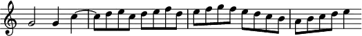 \version "2.14.2"
\header {
tagline = ##f
}
\score {
\new Staff \with {
\remove "Time_signature_engraver"
}
\relative c'' {
\key c \major
\time 4/4
\tempo 4 = 92
%\autoBeamOff
\clef treble
\override Rest #'style = #'classical
% Ricercare no 6
g2 g4 c4~ | c8 d e c d | e f d e f g f e d c b a b c d e4 |
}
\layout {
\context {
\Score
\remove "Metronome_mark_engraver"
}
}
\midi {}
}