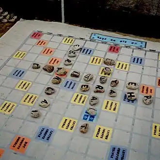 Les pierres lettrées forment des mots sur le jeu de scrabble.