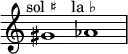 \relative c'' {
\time 2/1
\override Staff.TimeSignature #'stencil = ##f
gis1^\markup { \center-align "sol ♯" }
aes^\markup { \center-align "la ♭" }
}