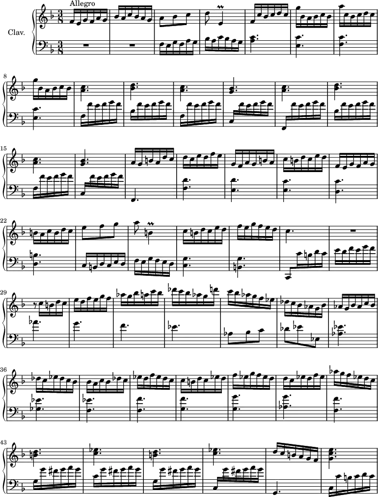 \version "2.18.2"
\header {
tagline = ##f
% composer = "Domenico Scarlatti"
% opus = "K. 349"
% meter = "Allegro"
}
%% les petites notes
trillEDown = { \tag #'print { e,4\prall } \tag #'midi { f32 e f e~ e8 } }
trillBDown = { \tag #'print { b,4\prall } \tag #'midi { c32 b c b~ b8 } }
upper = \relative c'' {
\clef treble
\key f \major
\time 3/8
\tempo 4. = 72
s8*0^\markup{Allegro}
f,16 e g f a g | bes a c bes a g | a8 bes c | d \trillEDown | f16 c' bes c d c | g' bes, a bes c bes |
% ms. 7
a'16 c, bes c d c | g' bes, a bes c bes | \repeat unfold 2 { < a c >4. < bes d > < a c >
% ms. 16
< g bes >4. } | a16 g b! a d c | d c e d f e | g, f a g b a | c b d c e d |
% ms. 21
f,16 e g f a g | b a c b d c | e8 f g | a \trillBDown | c16 b d c e d | f e g f e d | c4. |
% ms. 28
R4. | r8 c16 b d c | e d f e g f | aes g bes a c bes | des c bes aes g d' | c bes aes g f ees | des c bes aes g bes |
% ms. 35
aes16 g bes aes c bes | des c ees des c bes | bes a c bes des c | ees d f ees d c | c b d c ees d | f ees g f ees d | d c ees d f ees |
% ms. 42
aes16 g f ees d c | \repeat unfold 2 { < b d >4. < c ees > } | d16 c b a g f | < g c e >4.
}
lower = \relative c' {
\clef bass
\key f \major
\time 3/8
% ************************************** \appoggiatura a16 \repeat unfold 2 { } \times 2/3 { } \omit TupletNumber
R4.*2 | f,16 e g f a g | bes a c bes a g | < a c >4. < e c' >
% ms. 7
< f c' >4. < e c' > | f16 f' e f g f | bes, f' e f g f | f, f' e f g f \stemUp | c, \stemNeutral f' e f g f \stemUp | f,, \stemNeutral f'' e f g f |
% ms. 14
bes, f' e f g f | f, f' e f g f \stemUp | c, \stemNeutral f' e f g f | f,,4. | < f' d' > < e d' > < e c' > |
% ms. 21
< d c' >4. < d b' > | c16 b d c e d | f e g f e d | < c g' >4. < b g' > \stemUp | c,8 \stemDown c''16 b d c |
% ms. 28
e16 d f e g f | aes4. g f ees | aes,8 bes c | des ees ees, |
% ms. 35
< aes ees' >4. < ges ees' > < f ees' > < f f' > < g f' > < g g' > < aes g' >
% ms. 42
< f f' >4. g16 g' fis g a g | c, g' fis g a g | g, g' fis g a g \stemUp | c,, \stemNeutral g'' fis g a g | g,,4. | c16 c' b c d c |
}
thePianoStaff = \new PianoStaff <<
\set PianoStaff.instrumentName = #"Clav."
\new Staff = "upper" \upper
\new Staff = "lower" \lower
>>
\score {
\keepWithTag #'print \thePianoStaff
\layout {
#(layout-set-staff-size 17)
\context {
\Score
\override TupletBracket.bracket-visibility = ##f
\override SpacingSpanner.common-shortest-duration = #(ly:make-moment 1/2)
\remove "Metronome_mark_engraver"
}
}
}
\score {
\keepWithTag #'midi \thePianoStaff
\midi { \set Staff.midiInstrument = #"harpsichord" }
}