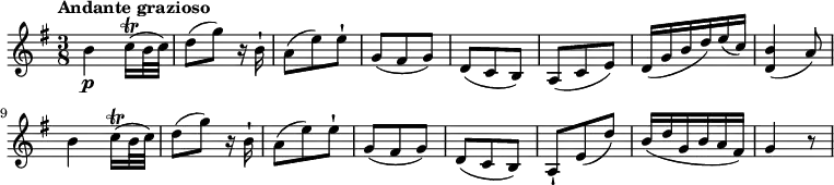 \relative c'' {
\version "2.18.2"
\key g \major
\tempo "Andante grazioso"
\time 3/8
b4\p c16\trill (b32 c)
d8 (g) r16 b,16-!
a8 (e') e-!
g, (fis g)
d (c b)
a (c e)
d16 (g b d) e (c)
<d, b'>4 (a'8)
b4 c16\trill (b32 c)
d8 (g) r16 b,16-!
a8 (e') e-!
g, (fis g)
d (c b)
a-! e' ( d')
b16 (d g, b a fis)
g4 r8
}