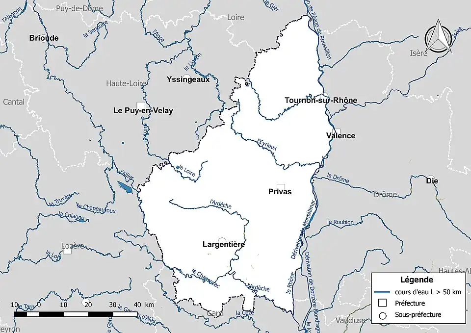 Carte des cours d'eau de longueur supérieure à 50&nbsp;km de l'Ardèche.