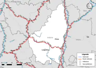 Carte du réseau routier national (autoroutes et routes nationales) dans le département de l'Ardèche