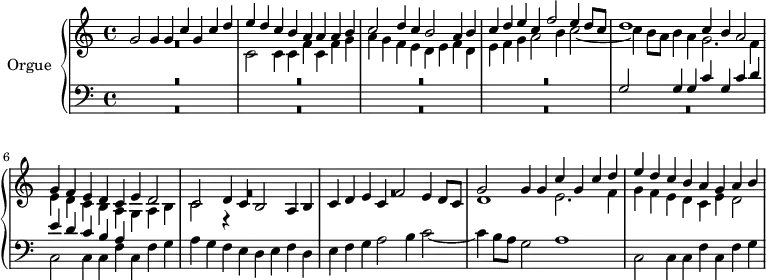 \version "2.18.2"
\header {
tagline = ##f
}
Tema = { g2 g4 g c g c d e d c b a }
Comes = { c2 c4 c f c f g a g f e d e f d e f g a2 b4 c2~ c4 }
upper = \relative c'' {
\clef treble
\key c \major
\time 4/2
\set Staff.timeSignatureFraction = 4/4
\tempo 2 = 80
\set Staff.midiInstrument = #"recorder"
%%% La Spiritata (Canzon)
<< { \Tema a4 a b c2 d4 c b2 a4 b | c d e c f2 e4 d8 c | d1 c4 b a2 | g4 f e d c e d2 | c d4 c b2 a4 b c d e c f2 e4 d8 c \relative c'' { \Tema g4 a b } } \\ { R1*2 \relative c' \Comes b'8 a b4 a g2. f4 | e d c b a g a b | c2 r4 s4 R1 R1*2 d1 e2. f4 | g f e d c e d2 | } >>
}
lower = \relative c' {
\clef bass
\key c \major
\time 4/2
\set Staff.timeSignatureFraction = 4/4
\set Staff.midiInstrument = #"recorder"
<< { R1*8 \Tema } \\ { R1*10 \relative c \Comes b8 a g2 a1 | c,2 c4 c f c f g } >>
}
\score {
\new PianoStaff <<
\set PianoStaff.instrumentName = #"Orgue"
\new Staff = "upper" \upper
\new Staff = "lower" \lower
>>
\layout {
% #(layout-set-staff-size 17)
\context {
\Score
\remove "Metronome_mark_engraver"
\override SpacingSpanner.common-shortest-duration = #(ly:make-moment 1/2)
}
}
\midi { }
}