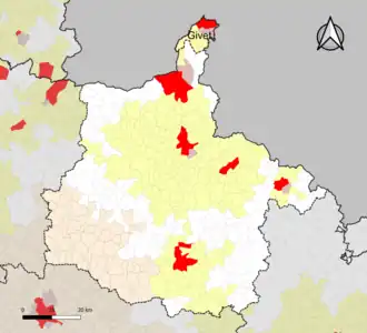 Localisation de l'aire d'attraction de Givet dans le département des Ardennes.