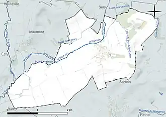 Carte en couleur présentant le réseau hydrographique de la commune