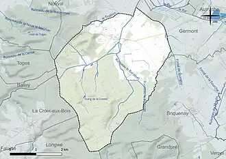 Carte en couleur présentant le réseau hydrographique de la commune