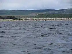 Sur le cours de la rivière Caniapiscau en été, on voit des pierres dans une partie du lit à la surface.