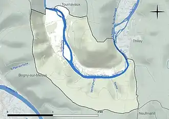 Carte en couleur présentant le réseau hydrographique de la commune