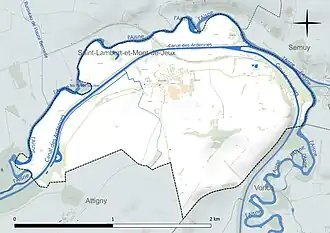 Carte en couleur présentant le réseau hydrographique de la commune
