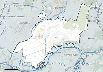 Carte en couleur présentant le réseau hydrographique de la commune