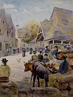 Albert-Léopold Pierson : Le Faouët, un jour de marché (1913, crayon et aquarelle sur papier, musée du Faouët).