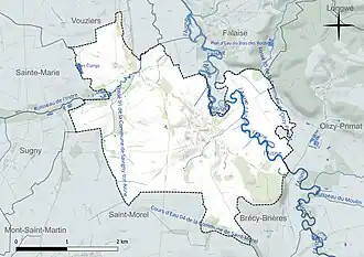 Carte en couleur présentant le réseau hydrographique de la commune
