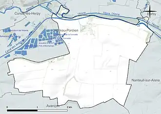 Carte en couleur présentant le réseau hydrographique de la commune