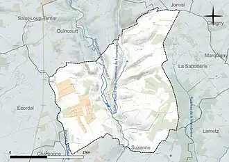 Carte en couleur présentant le réseau hydrographique de la commune