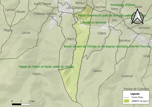 Carte des ZNIEFF de type 2 sur la commune.