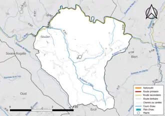 Carte en couleur présentant le réseau hydrographique de la commune