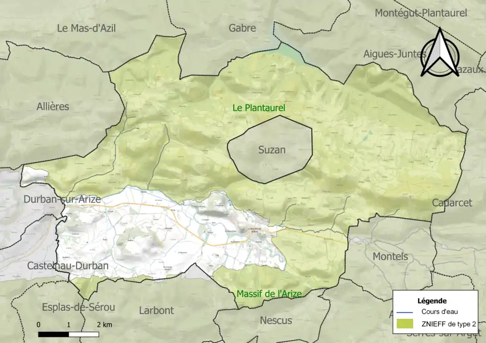 Carte des ZNIEFF de type 2 sur la commune.