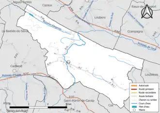 Carte en couleur présentant le réseau hydrographique de la commune