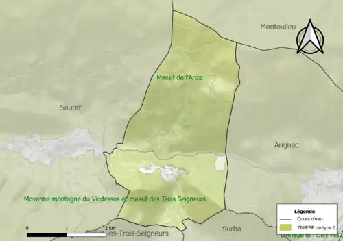 Carte des ZNIEFF de type 2 sur la commune.