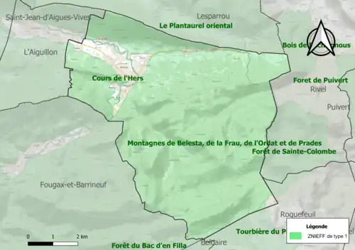 Carte des ZNIEFF de type 1 sur la commune.