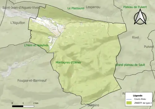 Carte des ZNIEFF de type 2 sur la commune.