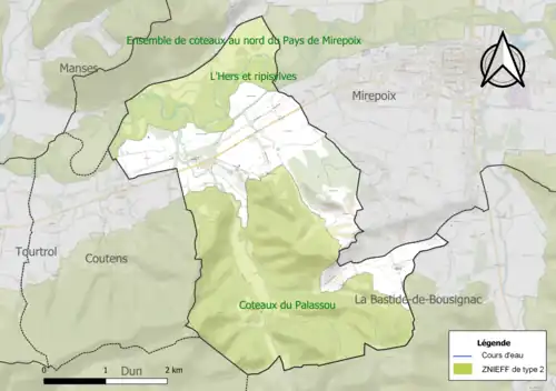 Carte des ZNIEFF de type 2 sur la commune.