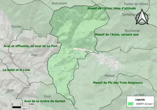 Carte des ZNIEFF de type 1 sur la commune.