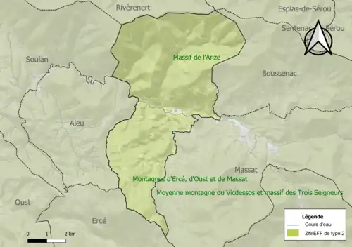 Carte des ZNIEFF de type 2 sur la commune.