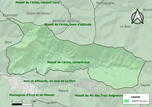Carte des ZNIEFF de type 1 sur la commune.