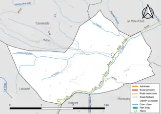 Carte en couleur présentant le réseau hydrographique de la commune