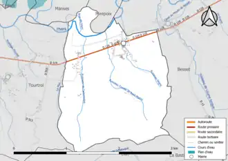 Carte en couleur présentant le réseau hydrographique de la commune