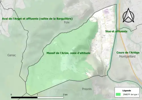 Carte des ZNIEFF de type 1 sur la commune.