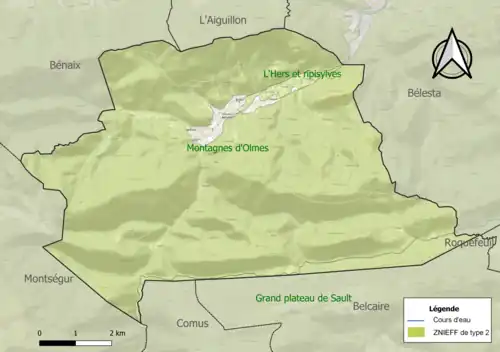 Carte des ZNIEFF de type 2 sur la commune.