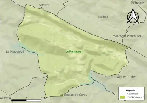 Carte de la ZNIEFF de type 2 sur la commune.